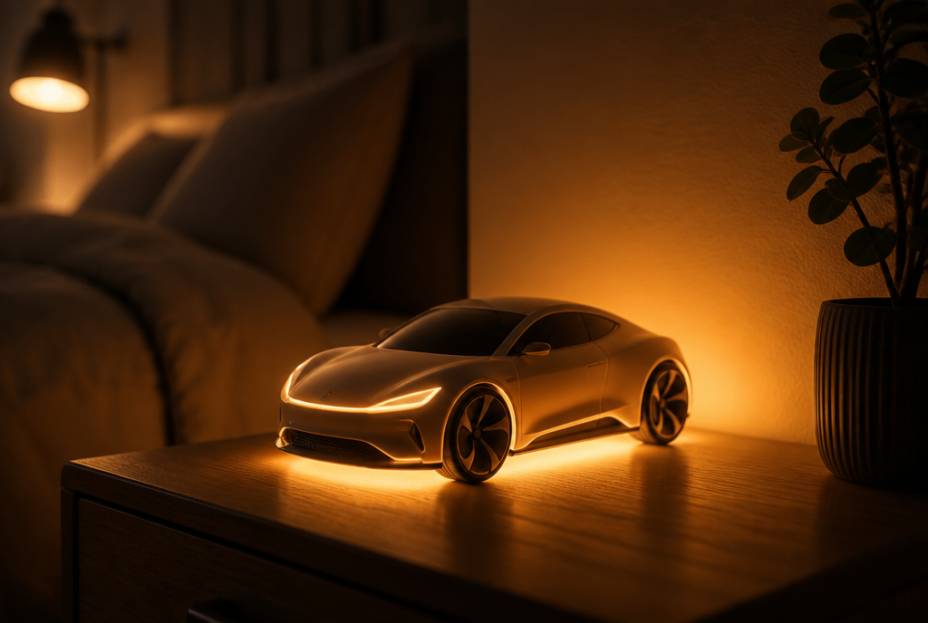 An illuminated Vehicular Luminescence model car glowing warm amber on a nightstand at night